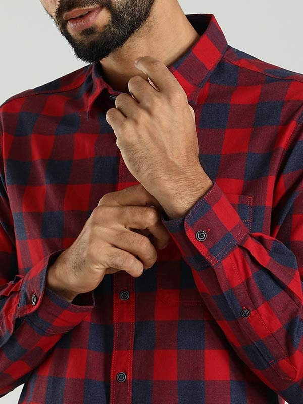 Indian Terrain Men's Regular Fit Full Sleeve Checkered Red Shirt